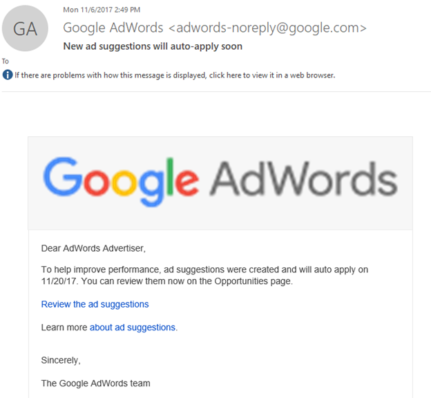 email to adwords advertiser discussing new ad suggestions that are auto-applying