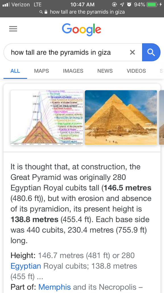 Google search engine result page on mobile device with query how tall are the pyramids in giza