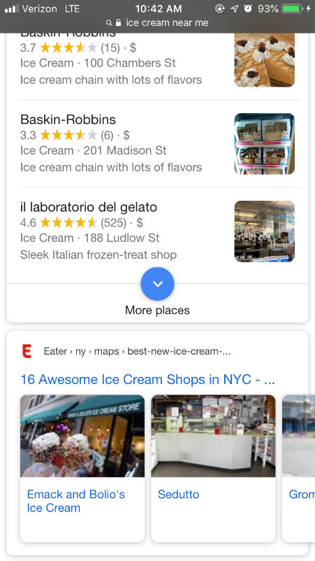 Screenshot of mobile search google serp of ice cream near me
