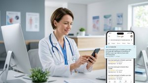 Female doctor with stethoscope at a clinic desk, using a smartphone with a computer and posters in the background.