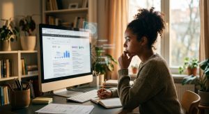 Woman at a home desk studies a search analytics page on a large monitor while taking notes in a notebook.