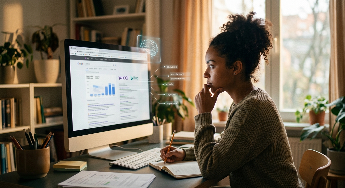 Woman at a home desk studies a search analytics page on a large monitor while taking notes in a notebook.