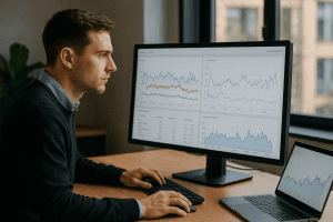 Man wearing a dark sweater sits at a desk, analyzing data on a large monitor showing multiple line charts and dashboards.