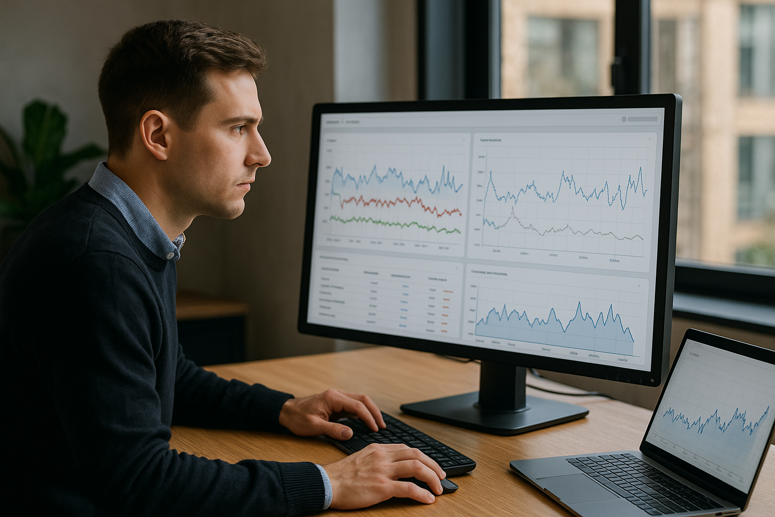 Man wearing a dark sweater sits at a desk, analyzing data on a large monitor showing multiple line charts and dashboards.