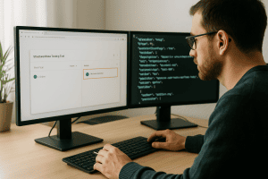 Developer with glasses working at a two-monitor desk setup; left screen shows a Structured Data Testing Tool UI, right screen displays code.