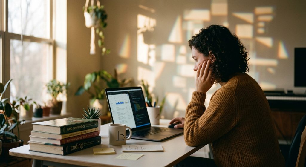 Person in a mustard sweater sits at a sunlit home desk, focused on a laptop with hand resting on their face, surrounded by plants and books.