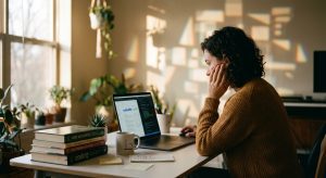 Person in a mustard sweater sits at a sunlit home desk, focused on a laptop with hand resting on their face, surrounded by plants and books.