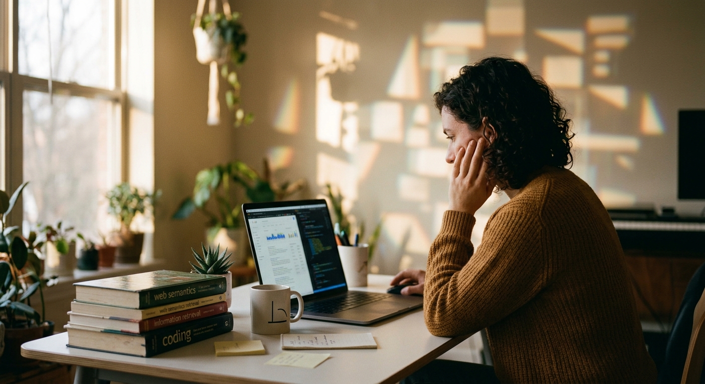 Person in a mustard sweater sits at a sunlit home desk, focused on a laptop with hand resting on their face, surrounded by plants and books.