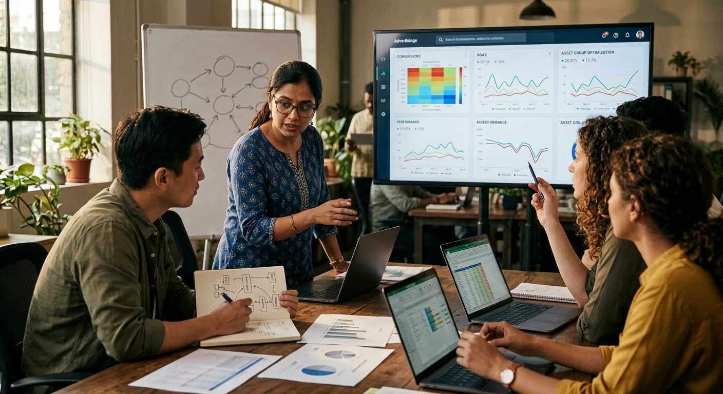 Team of four in a meeting room review data dashboards on a large monitor while one person presents with a laptop and notes on a table full of charts and graphs.