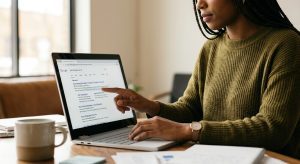 Person in an olive sweater points at Google search results on a laptop screen.