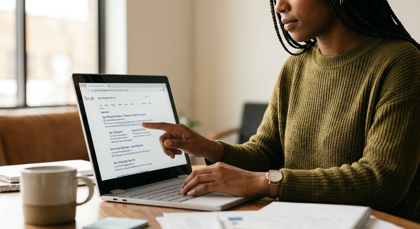 Person in an olive sweater points at Google search results on a laptop screen.