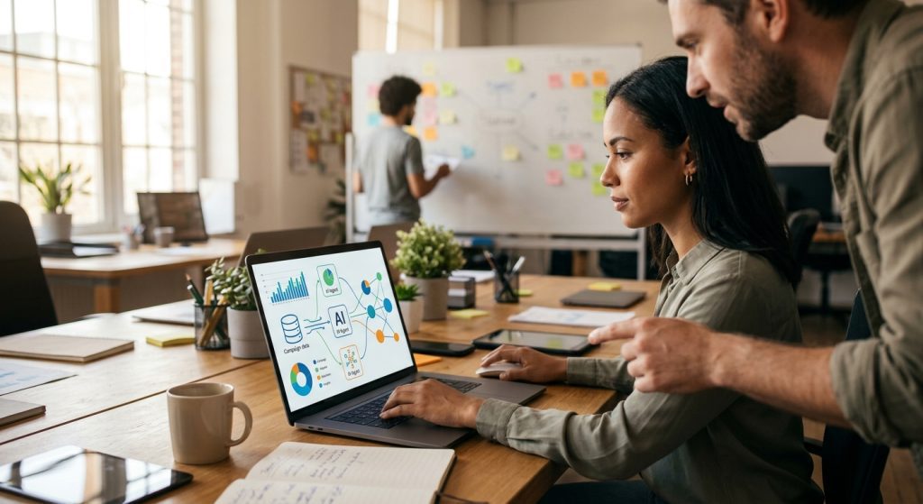 Two professionals collaborate at a desk; a woman works on a laptop with data visuals while a man leans in to help.