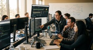 Team of software engineers at a shared desk, multiple monitors, one person points at code on a screen while others watch and discuss.