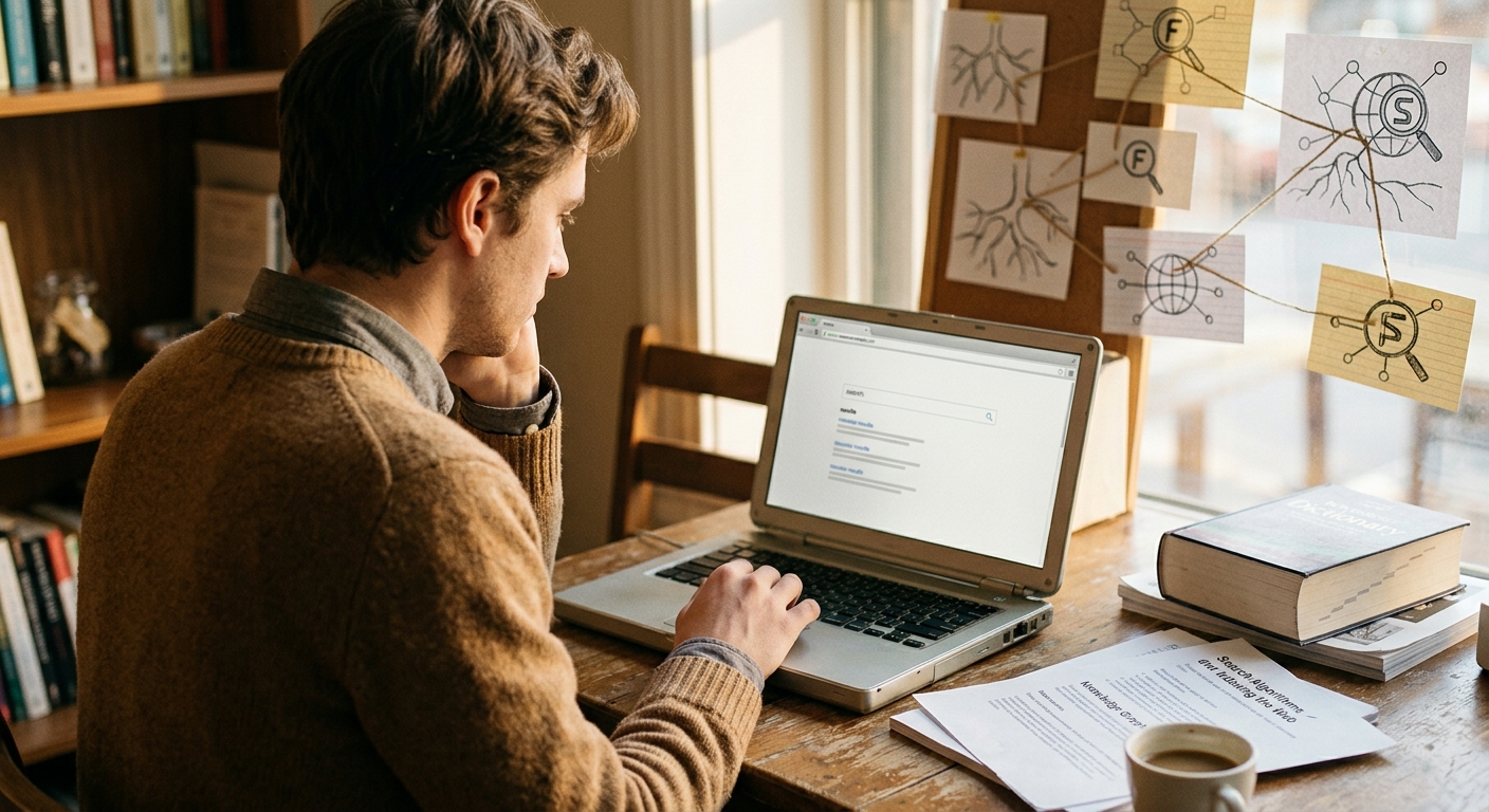 Man working on a laptop at a wooden desk, surrounded by books and research notes.